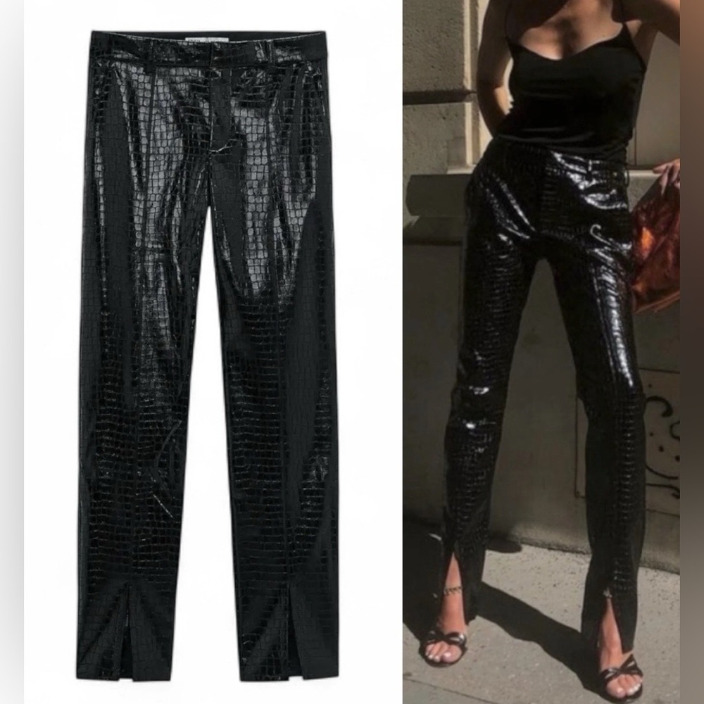 Zara Black Croc Animal Effect Faux Leather Pants Trousers Vent Slits Blogger M